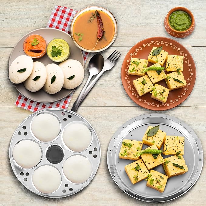 All in One Copper Bottom Idli Cooker 4 pcs Multi Kadai with Stainless Steel lid, 2 idli Plates (10 Idlis) 1 Steamer and 1 Idli Spoon with Whistle, Silver