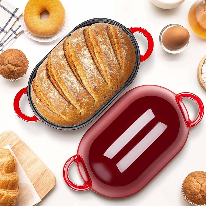 Homikit Enameled Cast Iron Dutch Oven for Bread Baking, 2.8 QT Oval Bread Oven Pot with Lid, 9.5 x 5.7 Inch Sourdough Loaf Baking Pan for Homemade Bread, Heavy Duty & Oven Safe, Red