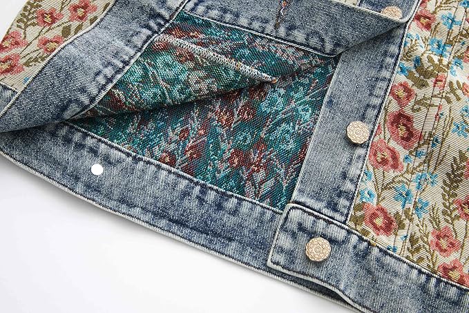 Xaspee Womens Peter Pan Collar Cropped Jean Jacket Embroidered Jacquard Long Sleeve Casual Floral Denim Jackets Coat