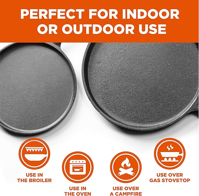 Commercial CHEF 3-Piece Cast Iron Griddle Set, Pre-Seasoned Cast Iron, Includes 8”, 10” & 12” Griddle Pans, Works on All Cooktops Including Induction, Outdoor Cookware for Campfires, CHCI81012