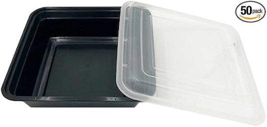 48oz Food Prep Containers with Black Base & Clear Lids - Square & 2" Depth Microwavable Disposable Freezer-Safe BPA-Free Plastic Meal Storage, Combo Pack of 50 sets