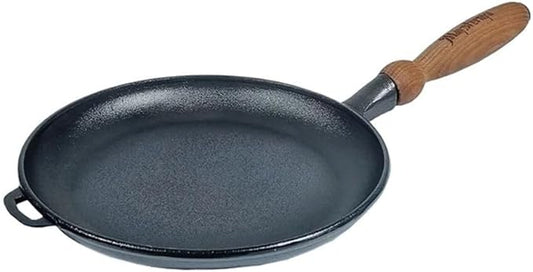 Crepe Pan Cast Iron Pancake Pan with Wooden Handle 9.5 x 0.8" Cooking Pan for Omelette Dosa Pan, Induction Safe
