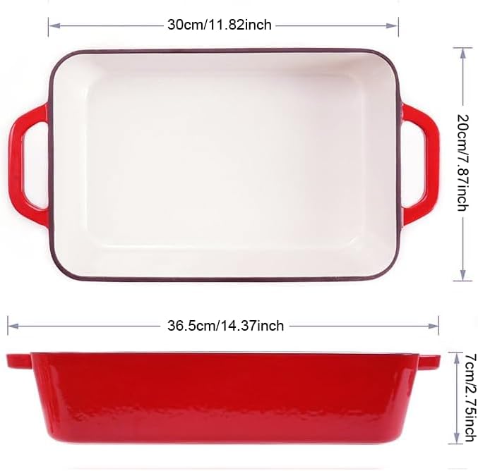 3.7 Qt Enameled Cast Iron Rectangular Roaster, Casserole Dish, Lasagna Pan, Deep Roasting Pan, for Cooking and Baking - Red