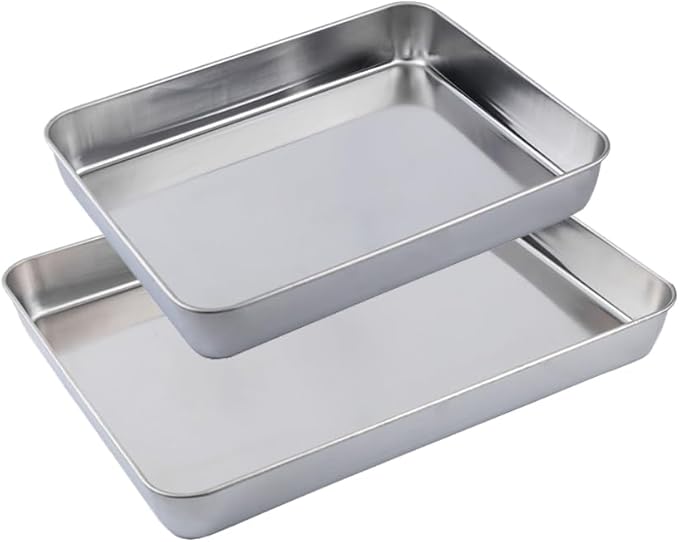 2Pcs Stainless Steel Deep Baking Pan Set（12 & 16 Inch）-PTFE/PFOA Free - Heavy Duty Rectangular Cookie Sheets for Oven, Cakes, Bread, Roasting - No Warping, Dishwasher Safe, Easy to Clean