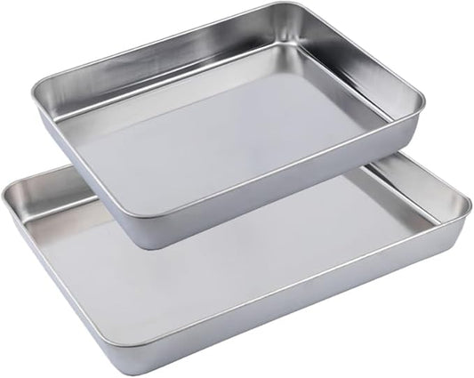 2Pcs Stainless Steel Deep Baking Pan Set（12 & 16 Inch）-PTFE/PFOA Free - Heavy Duty Rectangular Cookie Sheets for Oven, Cakes, Bread, Roasting - No Warping, Dishwasher Safe, Easy to Clean