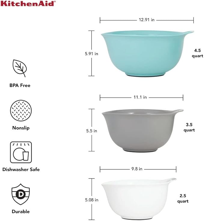 KitchenAid Universal Nesting Plastic Mixing Bowls, Set Of 3, 2.5 quart, 3.5 quart, 4.5 quart, Non Slip Base with Easy Pour Spout to Reduce Mess, Dishwasher Safe, Aqua Sky, White, Gray