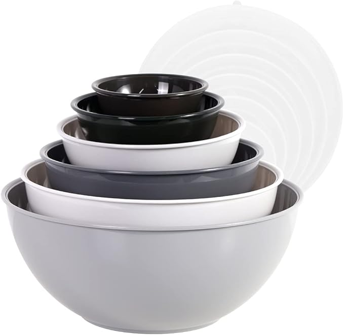 BoxedHome BPA Free Plastic Round Mixing Bowl with Lids, 12 Pack Nesting Bowls with Lids Set, Microwave and Dishwasher Safe Prep & Serving Bowls Great for Mixing, Baking, Serving (Grey, 12pcs)