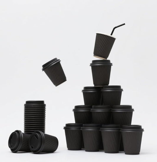50 Set 12 oz Blue Ripple Paper Coffee Cups with Lids and Straws, Insulated Disposable Corrugated To-Go Cups for Hot and Cold Drinks, Ideal for Cafes, Offices, Parties, and Events