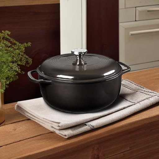 Lodge Essential Enamel Cast Iron Dutch Oven - Perfect for Bread Baking, Braising, Marinating & Slow Cooking - Features Moisture-Sealing Lid & Dual Handles - Kitchen Essentials - 6 Quarts - Midnight Chrome