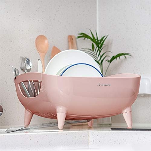 Wide Volume Dish Drying Rack, Large Capacity Kitchen Coutertop Organizer, 360° Rotatable Water Drain, Removable Utensil Holder, Sleek Design, Made in Korea (Pink)