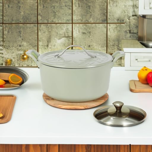Bloomhouse - Two Time Oprah's Favorite Things Winner - 7 Qt Cast Iron Dutch Oven W/Embossed Lid, European Enamel, & Olive Wood Trivet - Matte Sage
