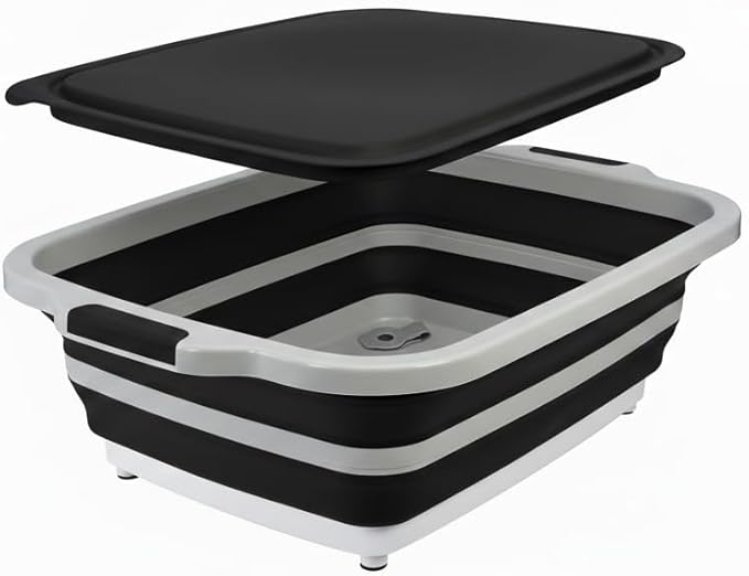 Collapsible BBQ Prep Tub with Lid - XL 4.22 GAL Folding Cutting Board & Food Basin for Outdoor Cooking, Marinating Container, Space Saving Prep Station (Black)