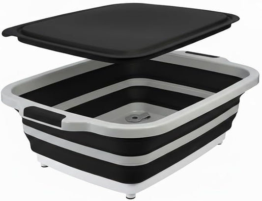 Collapsible BBQ Prep Tub with Lid - XL 4.22 GAL Folding Cutting Board & Food Basin for Outdoor Cooking, Marinating Container, Space Saving Prep Station (Black)