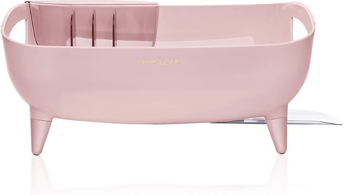 Wide Volume Dish Drying Rack, Large Capacity Kitchen Coutertop Organizer, 360° Rotatable Water Drain, Removable Utensil Holder, Sleek Design, Made in Korea (Pink)