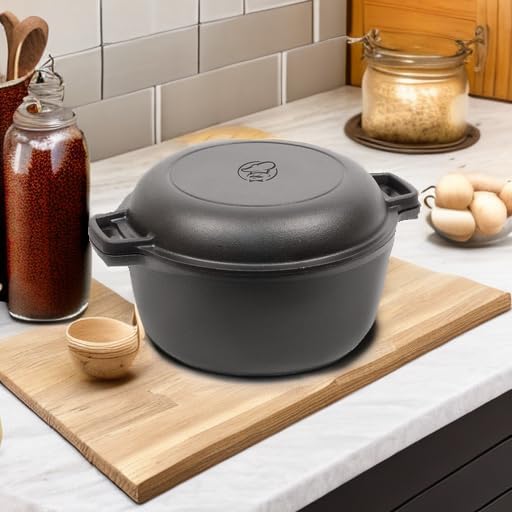 Commercial Chef 2-in-1 5-Qt. Dutch Oven with 10.25-Inch Skillet Lid, Pre-Seasoned Cast Iron, Works on All Cooktops Including Induction, Outdoor Cookware for Campfires or Grills, CHFL508