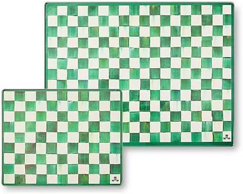 MACKENZIE-CHILDS Set of 2 Tempered Glass Cutting Boards, Countertop Cutting Boards, Green-and-White Emerald Check