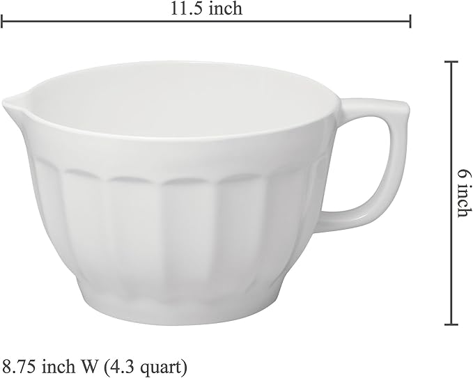 UP Latte Style Melamine Batter Bowl with Pour Spout, Handle and Non-Slip Base, Grip Handle for Easy Mix and Pour, Home Essentials Cooking and Baking Tools, 4.3 quart, 11.5 x 8.75 Inch, White