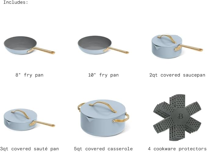 Pans12pc Ceramic Non-Stick Cookware Set by Drew Barrymore, Pots & Pans with Lids, Dishwasher‑Safe,Soft‑Touch Handles, Even‑Heat Base. (Cornflower Blue)