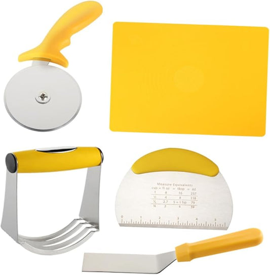 5pcs Baking Tool Set Stainless Steel Pizza Cutter Dough Chopper Kneading Mat with Scale for Homemade Pizza and Pastry Kitchen Dough Tools for Baking Enthusiasts