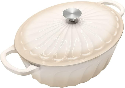 Enameled Oval Dutch Oven Pot with Lid, 7 QT Cast Iron Dutch Oven with Dual Handles for Cooking, Bread Baking, Frying, Non-stick Enamel Coated Oven (Caramel White)
