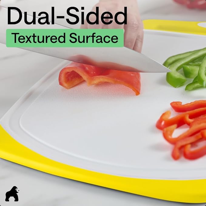 GORILLA GRIP BPA-Free Reversible Kitchen Cutting Board Set of 3, US Designed, Nonporous, Juice Grooves Catch Liquid, Slip Resistant Border, Dishwasher Safe, Durable Large Food Chopping Boards, Yellow