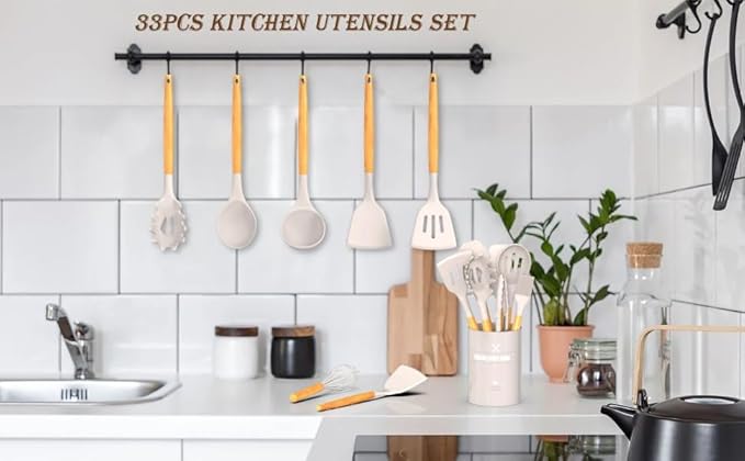 33-Piece Silicone Kitchen Cooking Utensils Set with Large Holder | Food Grade- Heat-Resistant,Non-Stick Cooking Utensils with Wooden Handles | BPA-Free Kitchen Tools for Nonstick Cookware for Gifting