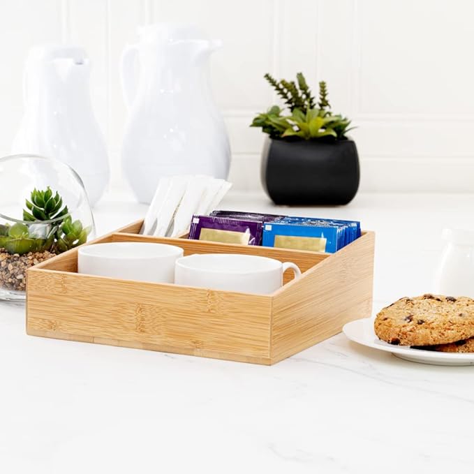 Restaurantware-8.3 x 8.3 x 2 Inch Coffee Condiment Organizer, 1 Square Creamer Organizer - 3 Compartments, Break-Resistant, Bamboo Coffee Accessory Caddy, Won't Chip, For Sugar Packets And Creamers