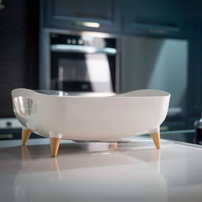 Wide Volume Dish Drying Rack with Removable Utensil Holder, Large Capacity Kitchen Counter Organizer, 360° Swivel Water Drain Spout, Sleek Design, Made in Korea (Cream White)