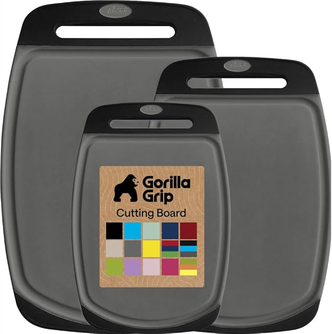 GORILLA GRIP BPA-Free Reversible Kitchen Cutting Board Set of 3, US Designed, Nonporous, Juice Grooves Catch Liquid, Slip Resistant Border, Dishwasher Safe, Durable Food Chopping Boards, Gray Black