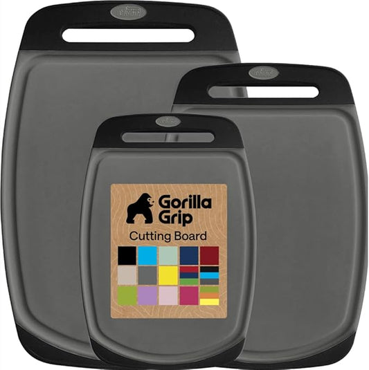 GORILLA GRIP BPA-Free Reversible Kitchen Cutting Board Set of 3, US Designed, Nonporous, Juice Grooves Catch Liquid, Slip Resistant Border, Dishwasher Safe, Durable Food Chopping Boards, Gray Black