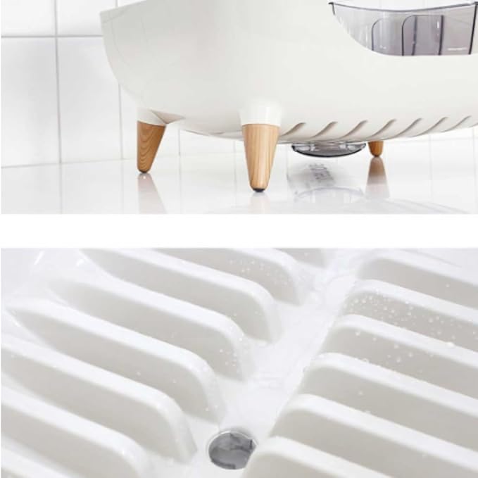Wide Volume Dish Drying Rack with Removable Utensil Holder, Large Capacity Kitchen Counter Organizer, 360° Swivel Water Drain Spout, Sleek Design, Made in Korea (Cream White)