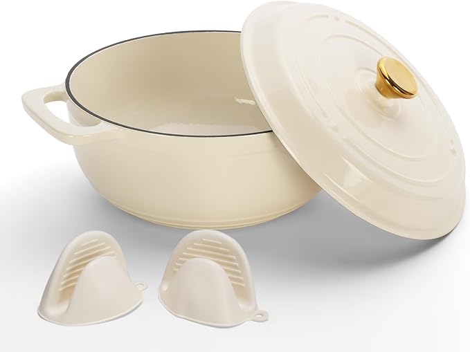 ROVSUN 5 Quart Enameled Cast Iron Dutch Oven with Lid, Dual Handles, Oven Safe up to 500°F or on Stovetop, Compatible for Braising, Stews, Roasting, Bread Baking-Cream White
