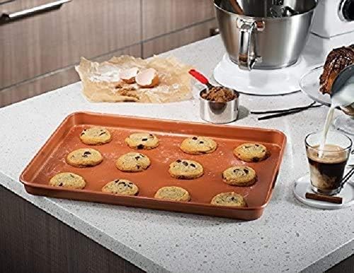 Set of 2 Nonstick Copper Cookie Sheet and Copper Coating Baking Pan for Cookies 11" x 16"