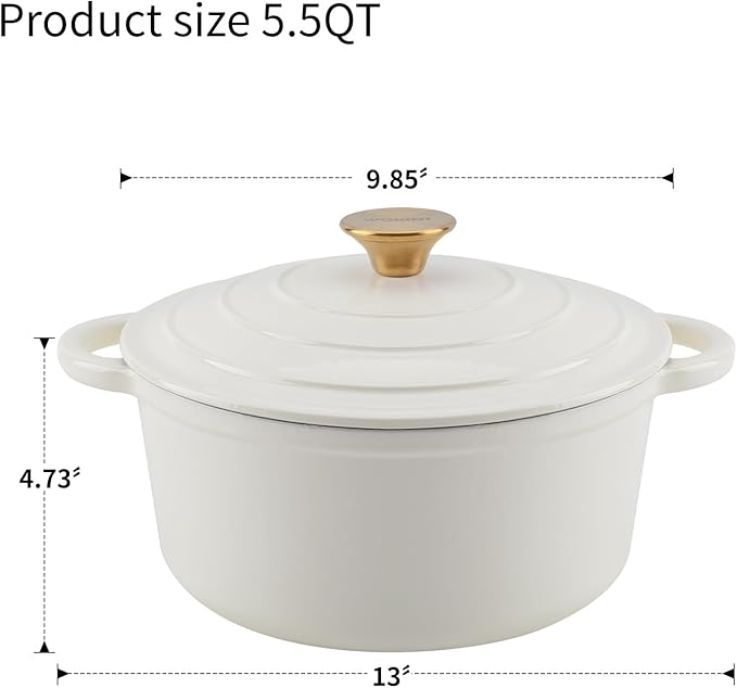 5.5QT Enameled Cast Iron Dutch Oven Pot with Lid,Heavy-Duty Cookware for Sourdough Bread Baking,Braising,Stews,Roasting,Oven Safe up to 500°F,cream