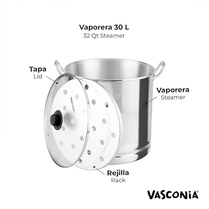 Vasconia 32-Quart Steamer Pot (Aluminum) with Tray & Glass Lid - For Most Stoves (Hand-Wash only) Large Stock Pot for Tamales, Steaming, Boiling & Frying - Makes Seafood, Pasta, Vegetables & More