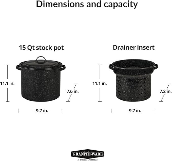Granite Ware 7.5 Qt 3 Piece Multiuse Pasta Pot Set, Strainer Pot with lid. (Speckled Black) Seafood, Soups, Sauce, Large Capacity. Easy to Clean. Dishwasher Safe.