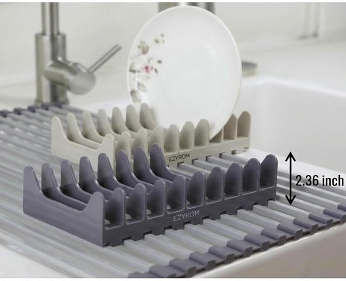 Aluminum Roll Up Dish Drying Rack Over Sink - Supports up to 55 lbs | Heavy Duty Square Bar | Rust-Free Anodized & Heat Resistant Cooling Rack with Dish Holder (Purple Gray, Large)
