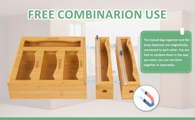 6-in-1 Magnetic Bamboo Drawer Organizer for Kitchen or Fridge, Adjustable Compartment Storage with Foil and Plastic Wrap Dispenser and Cutter – Fits Gallon, Quart, Sandwich, Snack Bags