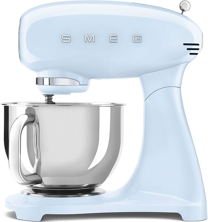 SMEG SMF03 Stand Mixer – 5 Qt Tilt-Head Mixer with Stainless Steel Bowl, 10 Speeds, Retro 50s Vintage Style – Pastel Blue