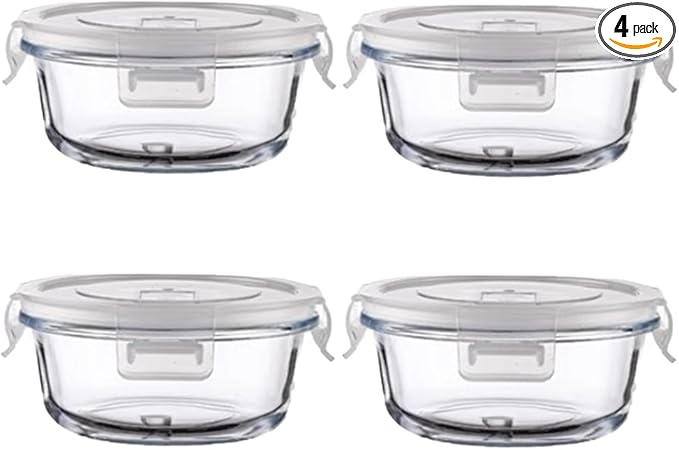 Small Round Glass Food Storage Containers With Lids, 1.5 Cup Round Meal Prep Bowls With Lids BPA-Free, Airtight Small Glass Food Containers for Microwave, Dishwasher, Freezer Safe-（4 pack）