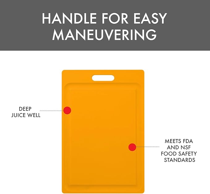 Dexas NSF Certified Polysafe Cutting Board with Handle and Juice Well, 12 x 18 inches, Reversible Kitchen Cutting Board, Yellow