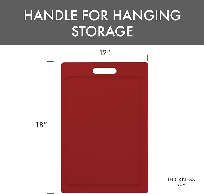 Dexas NSF Certified Polysafe Cutting Board with Handle and Juice Well, 12 x 18 inches, Reversible Kitchen Cutting Board, Red