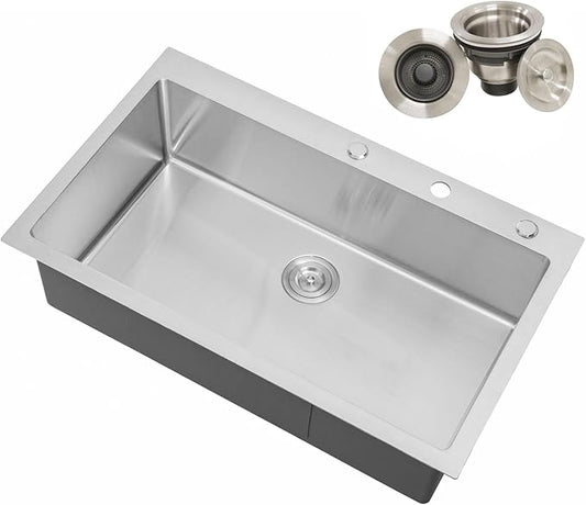 CozyBlock 36 Inches 16-Gauge Stainless Steel Topmount Drop-in Single Bowl Kitchen Sink in Brushed Stainless Steel Finish with Strainer