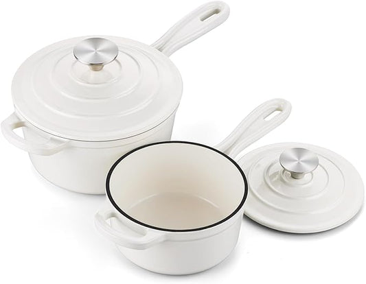 Onader 1QT & 2QT Saucepan Set with Lid, Enameled Cast Iron Small Pot Sets for Cooking, Nonstick Enameled Sauce Pan Dutch Oven, Induction Compatible, Heavy Duty – White