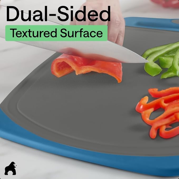 GORILLA GRIP BPA-Free Reversible Kitchen Cutting Board Set of 3, US Designed, Nonporous, Juice Grooves Catch Liquid, Slip Resistant Border, Dishwasher Safe, Durable Food Chopping Boards, Gray Blue