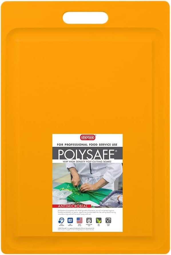 Dexas NSF Certified Polysafe Cutting Board with Handle and Juice Well, 12 x 18 inches, Reversible Kitchen Cutting Board, Yellow