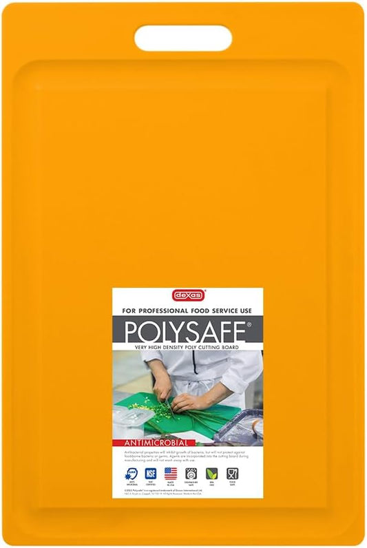 Dexas NSF Certified Polysafe Cutting Board with Handle and Juice Well, 12 x 18 inches, Reversible Kitchen Cutting Board, Yellow