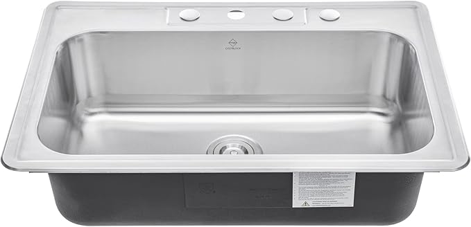 CozyBlock 33 x 22 x 9 Inch Top-mount/Drop-in Stainless Steel Single Bowl Kitchen Sink with Strainer and Cutting Board - 18 Gauge Stainless Steel-4 Faucet Hole