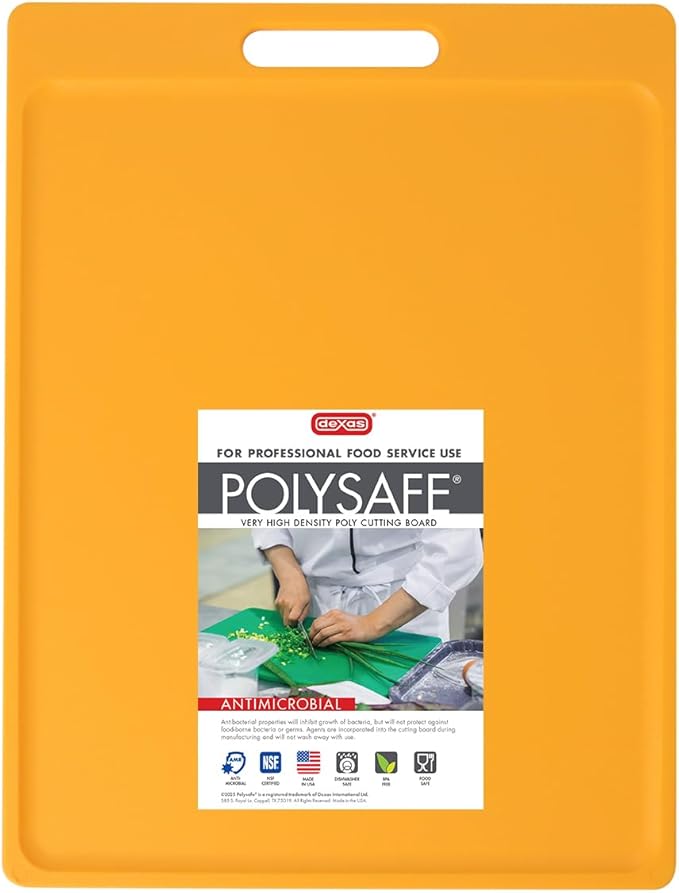 Dexas NSF Certified Polysafe Cutting Board with Handle, 11 x 14.5 Inches, Reversible Kitchen Cutting Board, Yellow