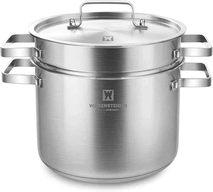 Premium Stainless Steel Asparagus Vegetable Tall Steamer Pot Spaghetti Pasta Stovetop Cooker with Removable Perforated Basket and Lid, Large Size Versatile Cookware (5.2Liters/5.5Quarts)